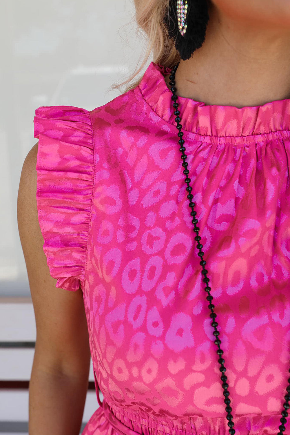 Rose Satin Leopard Tie Waist Frilled Sleeveless Dress