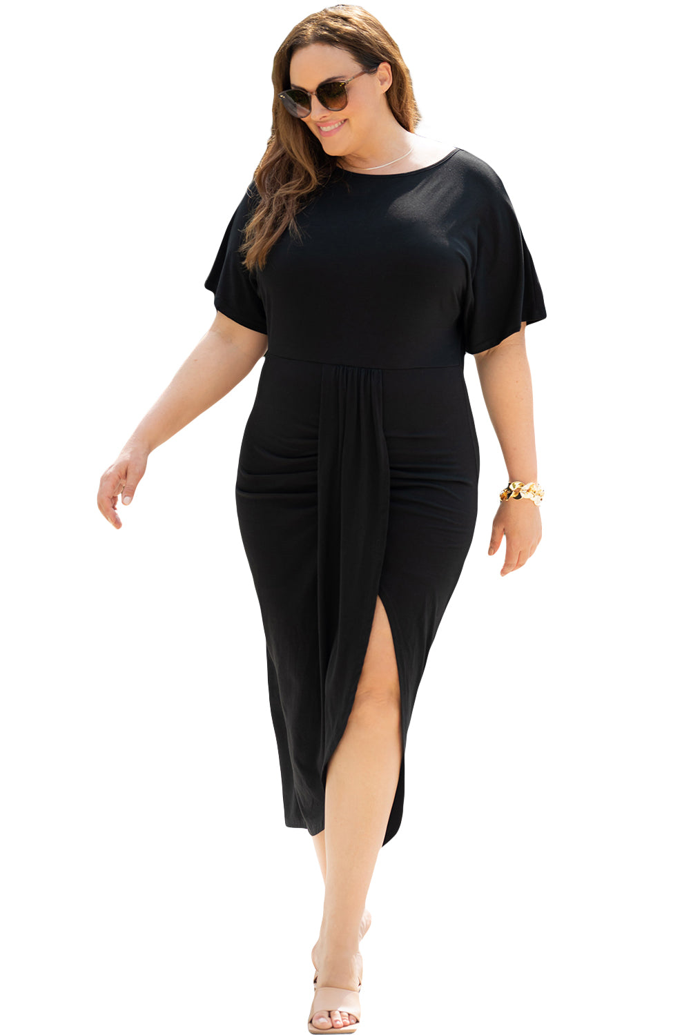Black Side Split High Waist Short Sleeve Plus Size Maxi Dress