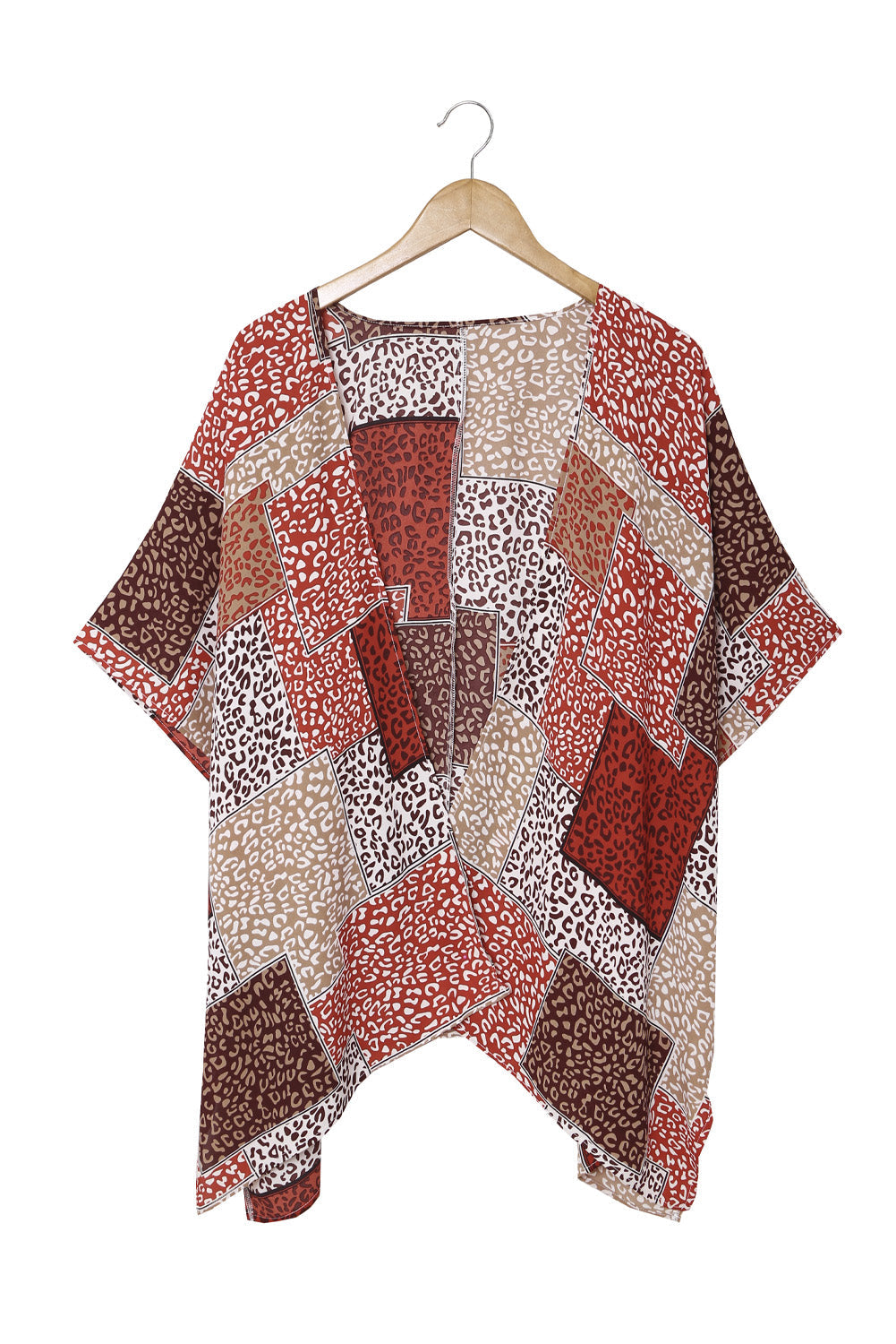 Red Leopard Color Block Open Front Kimono