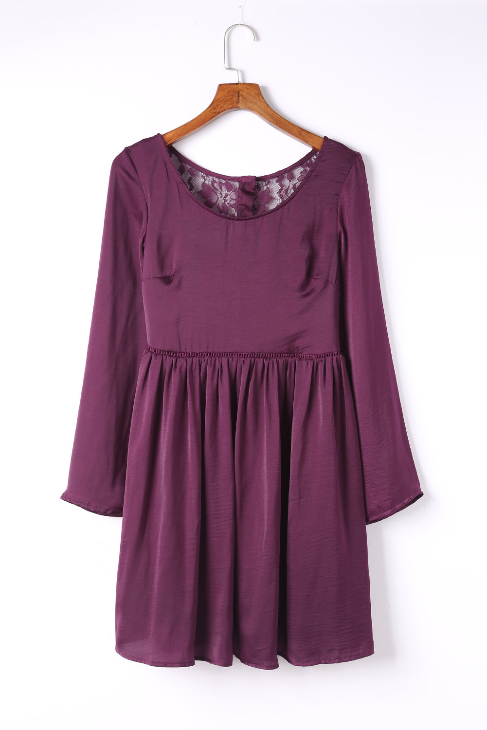 Purple Buttoned Sheer Lace Back Long Sleeve Dress