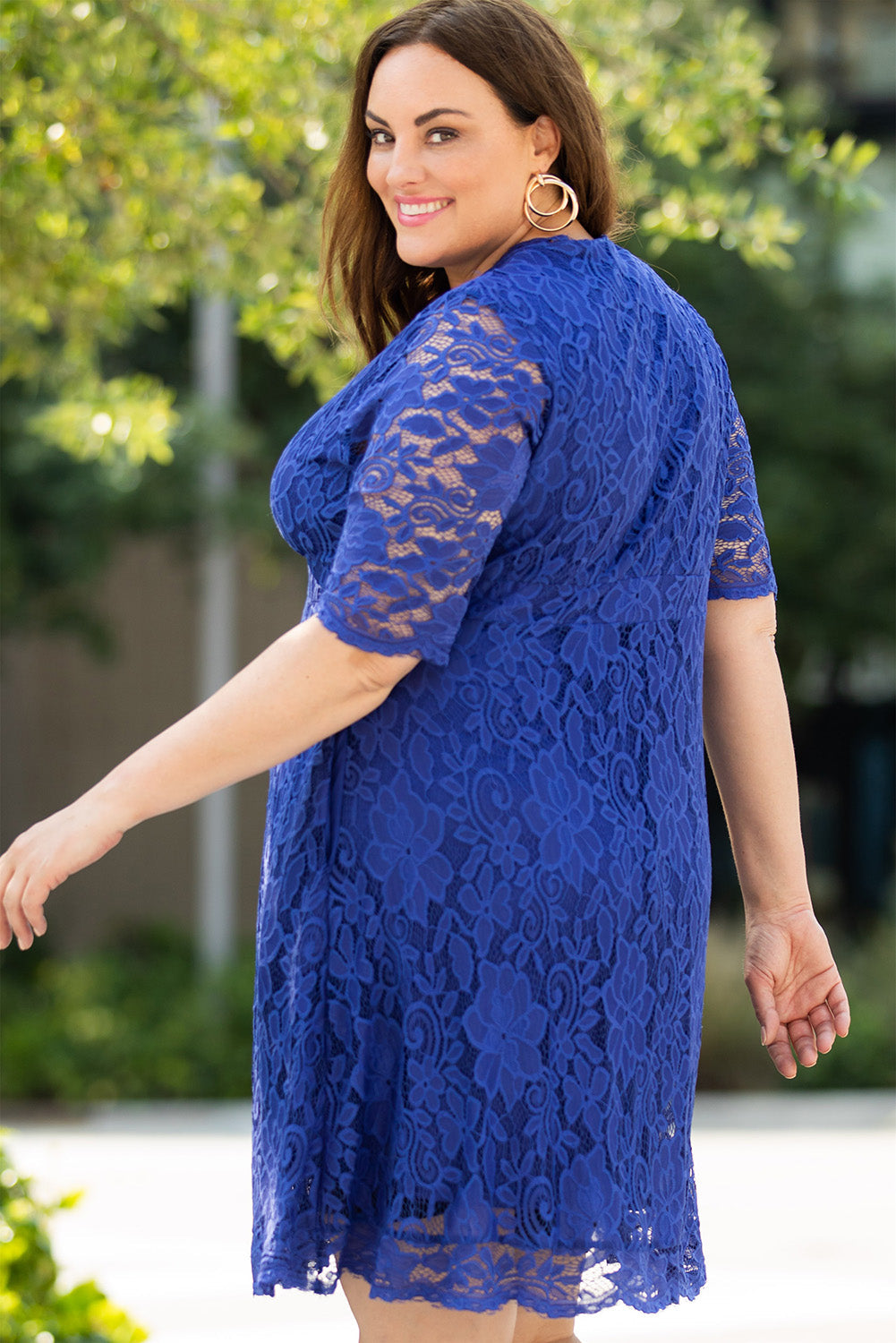 Blue Plus Size Half Sleeve Lined Lace Midi Dress