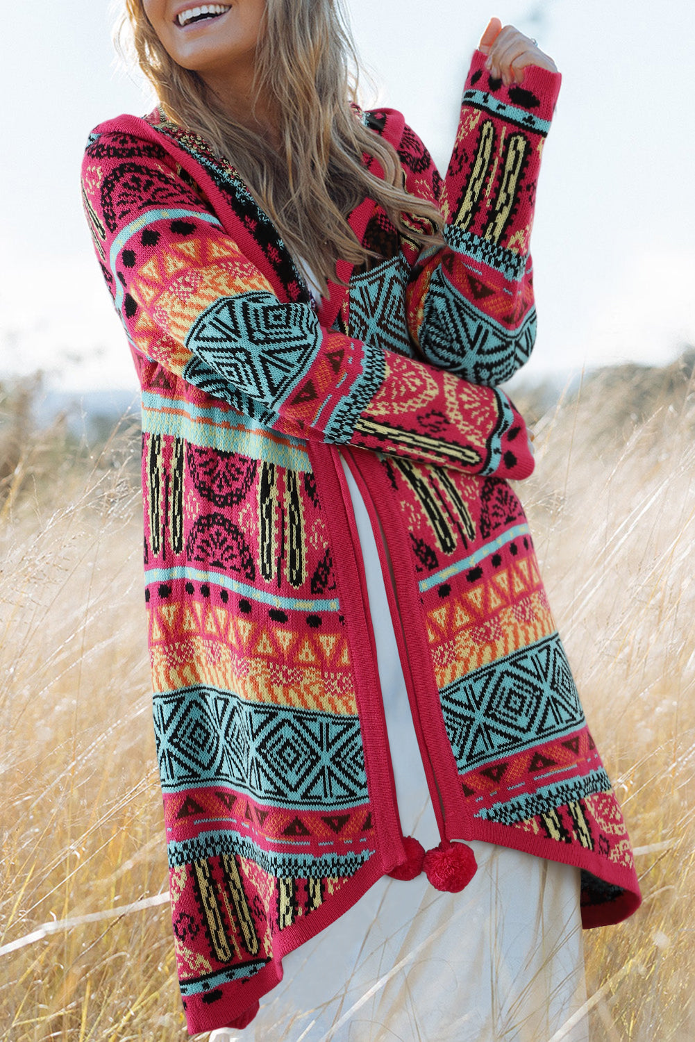 Rose Boho Aztec Knitted Pom Pom Tie Hooded Cardigan