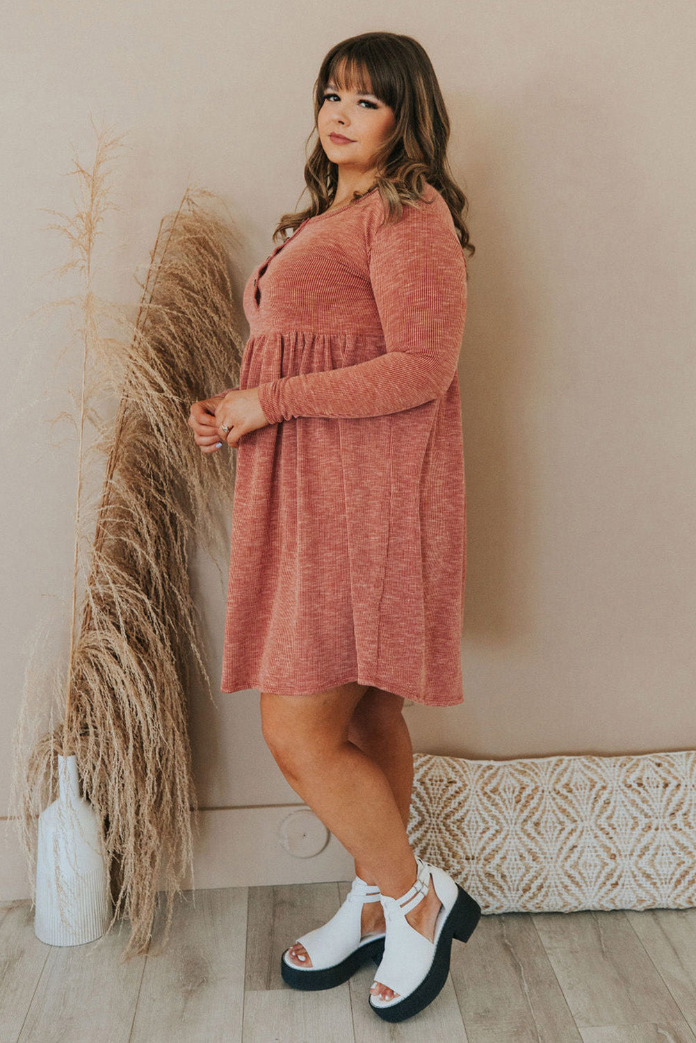 Red Plus Size Mineral Washed Ribbed Henley Dress