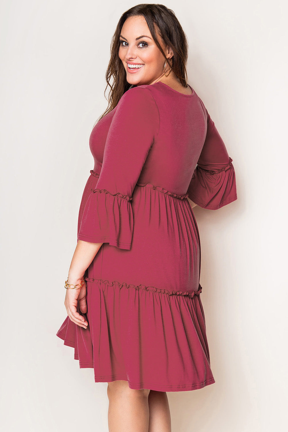 Red Tiered Ruffled 3/4 Sleeve Plus Size Dress