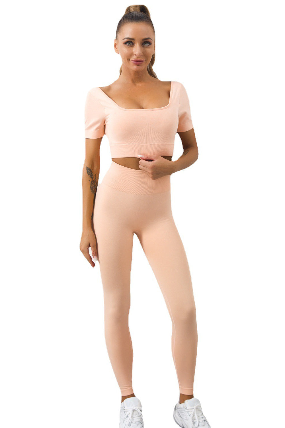 Pink 2pcs Solid Color Short Sleeve Crop Top and Leggings Set