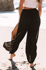 Black Lace Trim Along Split Leg Beach Cover up Pants