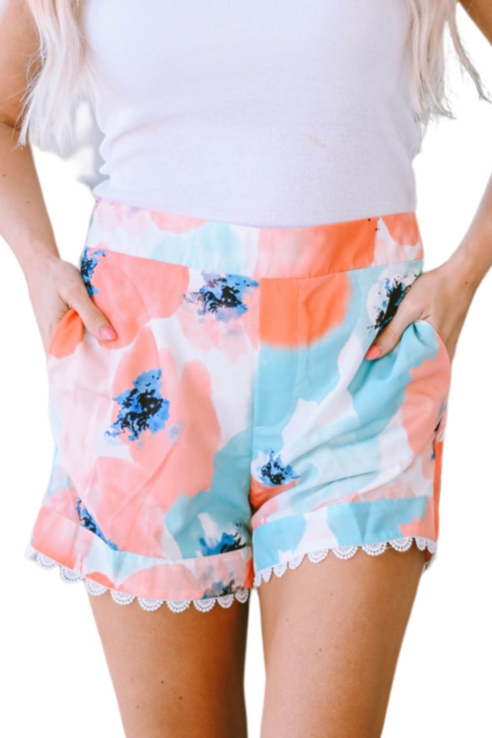 Pink Abstract Water Marbling Print Lace Trim Shorts