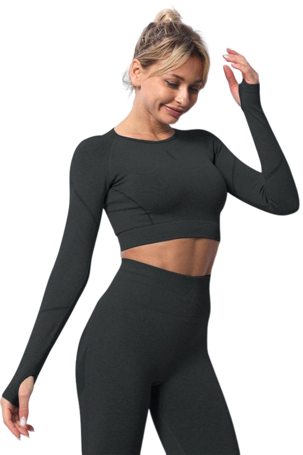 Gray Solid Color Long Sleeve Yoga Crop Top
