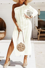 White Chevron Hollowed Knit One Shoulder Beach Dress