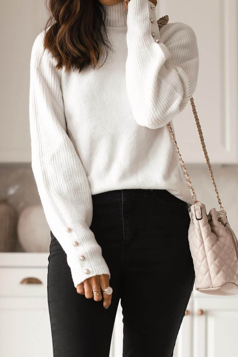 White Button Ribbed Puff Sleeve High Neck Sweater