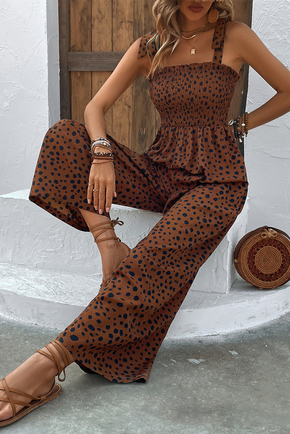 Brown Cheetah Print Smocked Wide Leg Jumpsuit