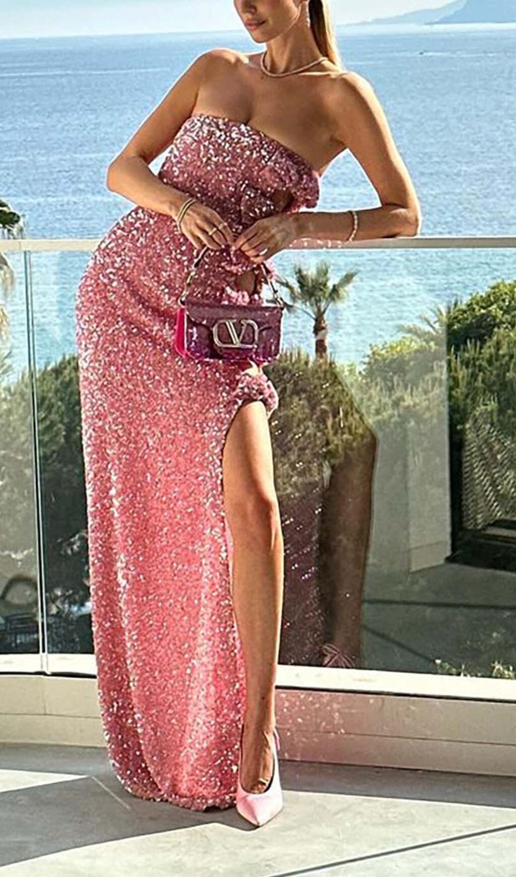 BOW DETAIL SEQUIN MAXI DRESS IN PINK