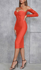 CORSET RUCHED MIDI DRESS IN RED
