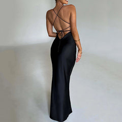 Women  Clothing Sexy Strap Satin Dress Autumn Backless Lace up Waist Controlled Maxi Dress