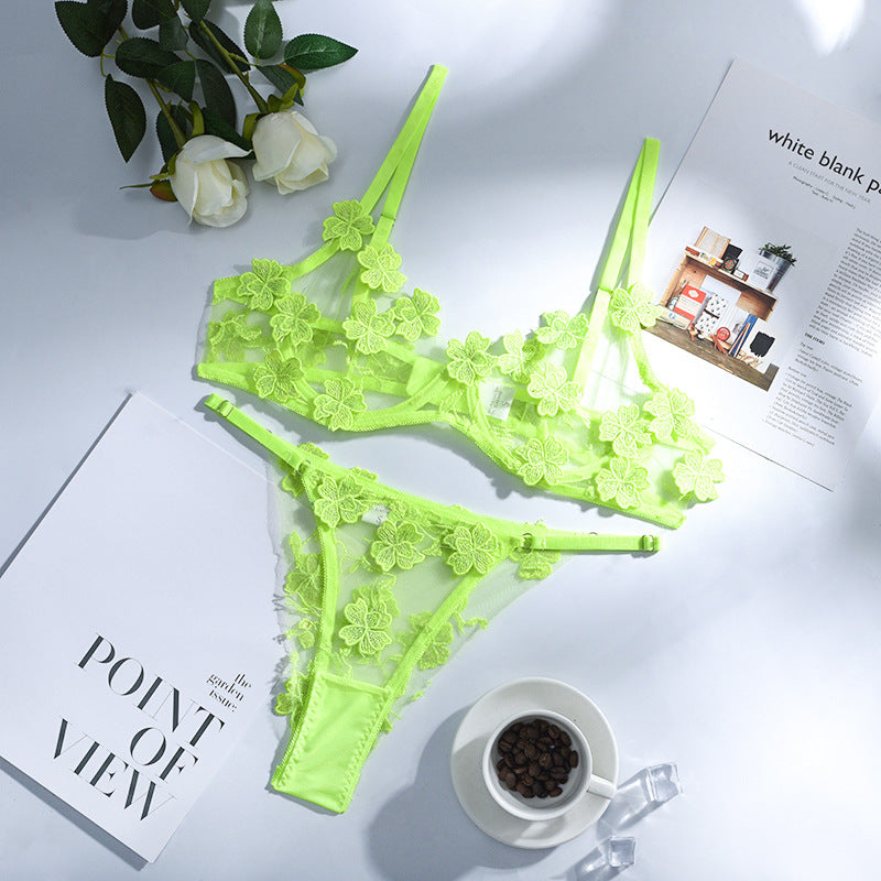 Women Clothing Embroidery Floral Mesh See through Heavy Craft Underwear Set Steel Ring