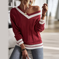 Women Clothing Simple V Collar Contrast Color Stitching Sweater Top