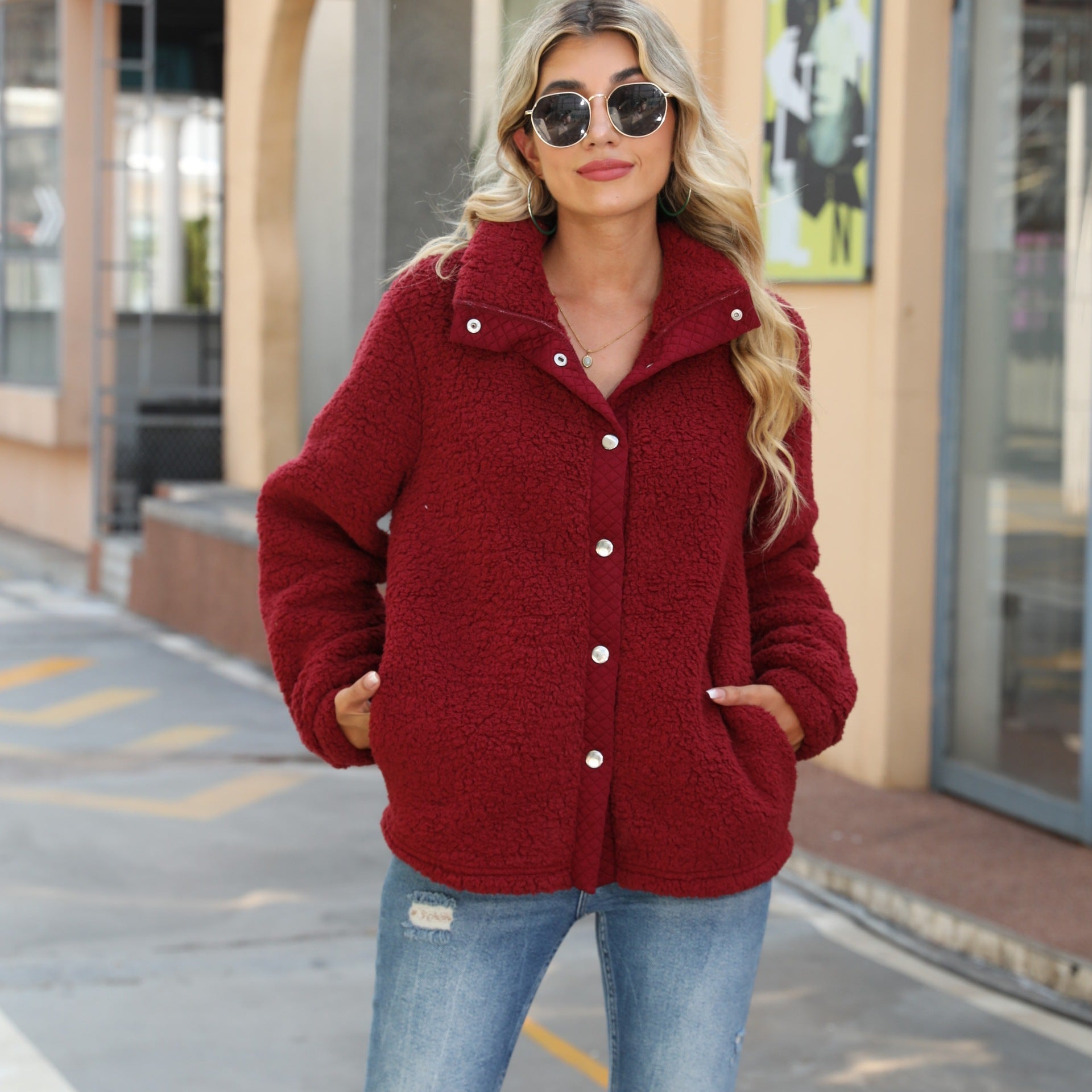 Women Autumn Clothing Round Neck Long Sleeve Stitching Breasted Conventional Mid Length Double Sided Bubble Velvet Coat