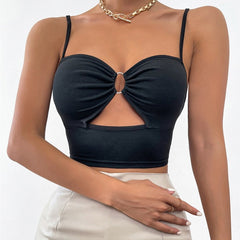 Solid Color Stitching Ring Hollow Out Cutout Chest Wrap Sexy Camisole Women