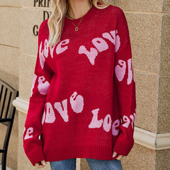 Autumn Winter  Women Idle round Neck  Letter Graphic Jacquard Long Sleeve Pullover Sweater