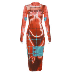 Women Clothing Autumn 3D Body Print Long Sleeve High Waist Slim Fit Figure Flattering Maxi Dress Dress