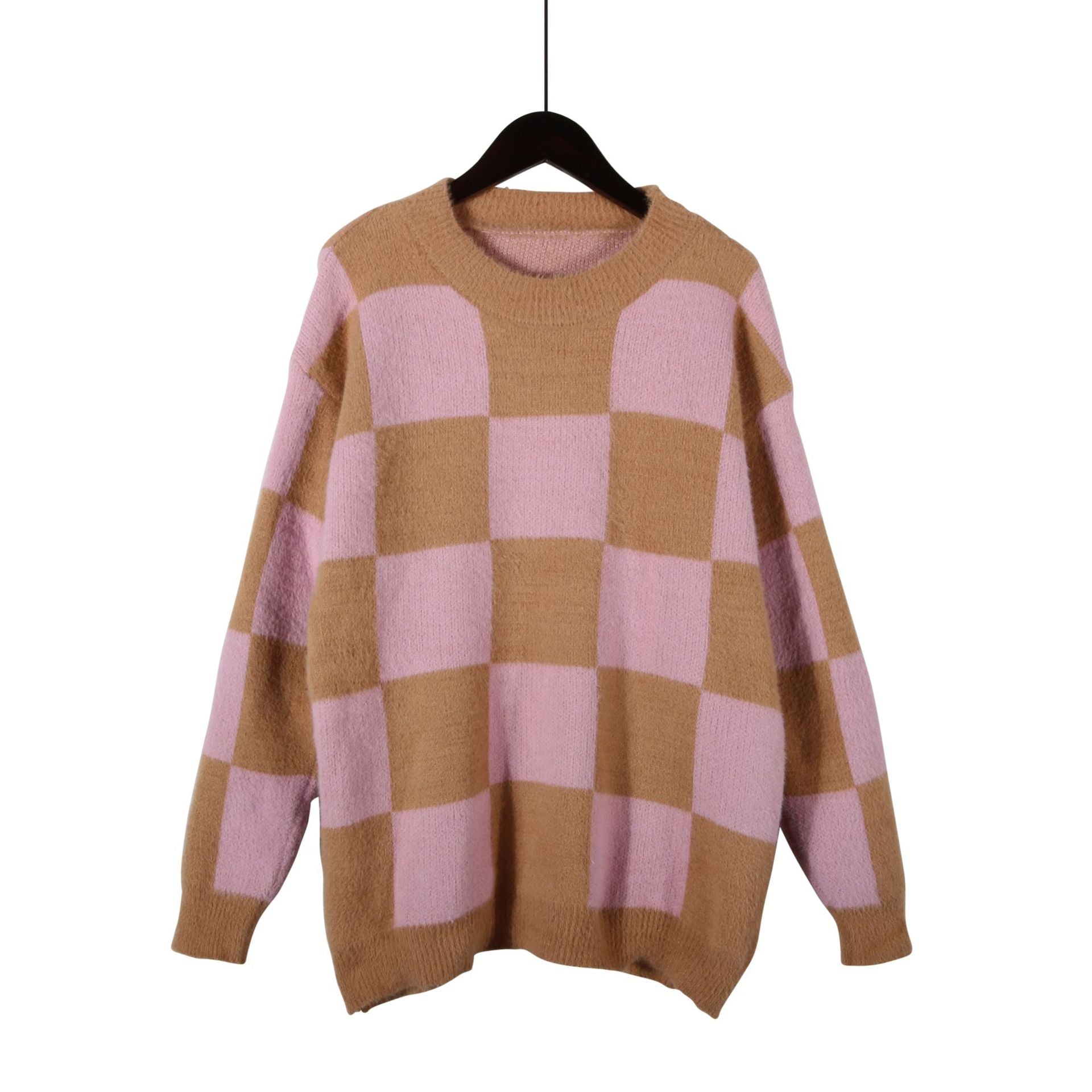 Autumn Winter Women Clothing Plaid Patchwork round Neck Long Sleeve Loose Sweater Pullover