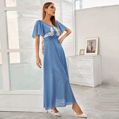 Women Clothing Spring Summer Fashionable Elegant V neck Stitching Lace Sleeve Dress