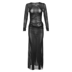 Women Clothing Autumn Sexy See through Sexy Silver Net Slim Fit Maxi Dress