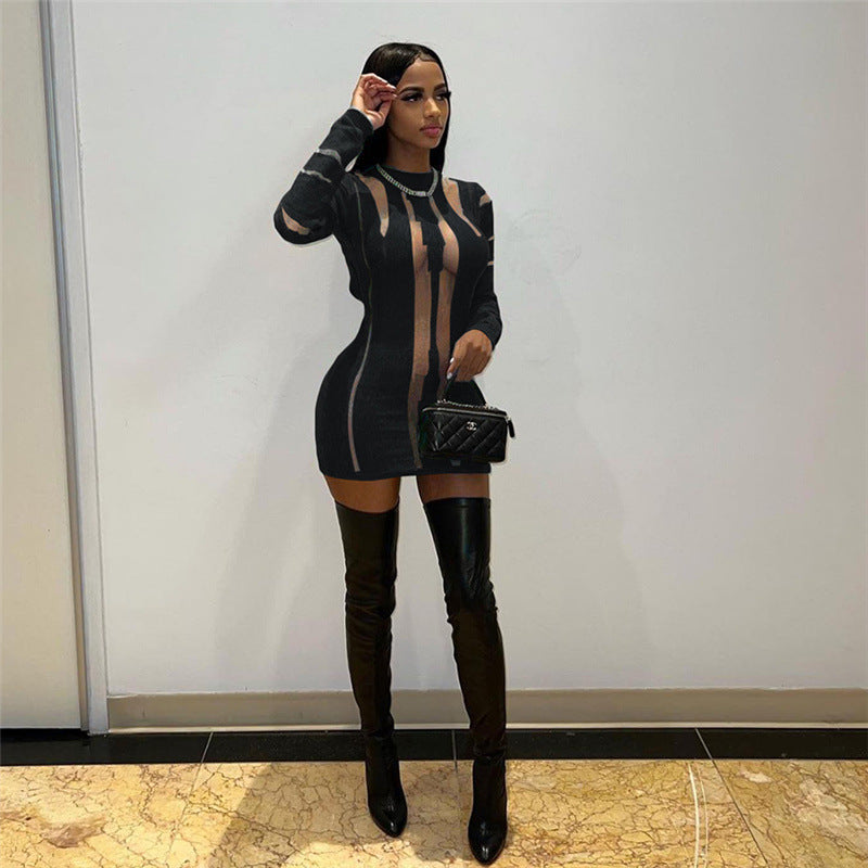 Women Clothing Autumn Sexy Hollow Out Cutout out See through Long Sleeve Slim Fit Sheath Woolen Dress
