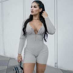 Zipper U Shaped Collar Long Sleeve Tight Jumpsuit Fall Women  Clothing Solid Color Shorts