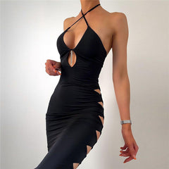 Women  Clothing Sexy Halter Suspender Dress Side Ripped Sexy Maxi Dress Slim Dress