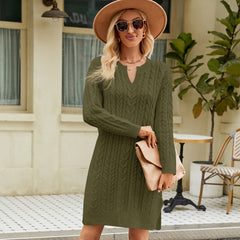 Autumn Winter Twisted Mid Length Knitted Dress Solid Color Split Loose Pullover Women Woolen Dress