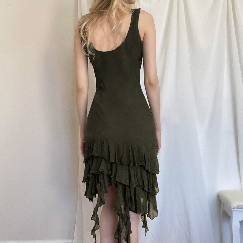 Retro Beggar Vacation Ruffled Irregular Asymmetric Lace Vest Dress Sexy Slim Fit Backless Short Dress