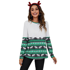 Round Neck Loose Christmas Stitching Printing Casual Long Sleeve Christmas T shirt