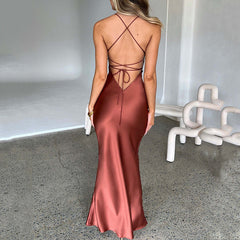 Women  Clothing Sexy Strap Satin Dress Autumn Backless Lace up Waist Controlled Maxi Dress