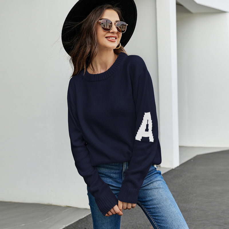 Women Clothing Letter Graphic Jacquard Casual Sweater Idle Loose Pullover Women Sweater
