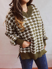 Office Sleeve Button Slit Houndstooth V neck Thickening Long Sweater Pullover