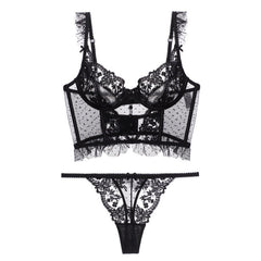 French Sexy Underwear Push up Beauty Back Polka Dot Tramsparent Yarn Embroidered Lace Bra Garter T Shaped Panties Set