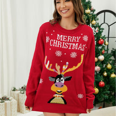 Women Clothing Christmas Letter Graphic Elk Jacquard Sweater round Neck Sweater  Women