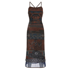 Retro Private Clothing Vacation Niche Printed Double Layer Mesh Backless Strap Dress Slim Fit Maxi Dress
