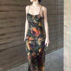 Vacation Colorized Decorative Design Temperamental Minority Design Pleated Irregular Asymmetric Double Layer Strap Dress
