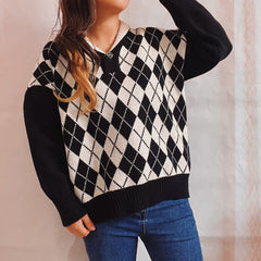 Women Clothing Autumn Winter Casual Heart Collar Long Sleeve Retro Rhombus Plaid Knitted Pullover Sweater