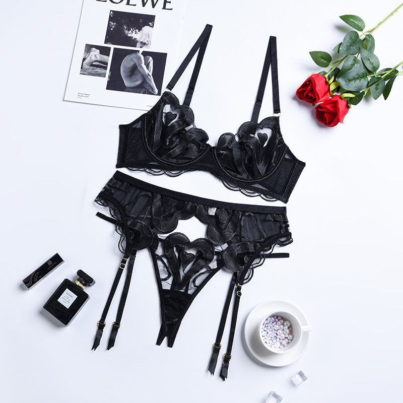 Women Clothing Summer Lace Mesh Embroidered Sexy Underwear Push up Sling Three-Piece Set