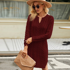 Autumn Winter Twisted Mid Length Knitted Dress Solid Color Split Loose Pullover Women Woolen Dress