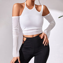 Street Sexy Backless Vest Solid Color Mesh Long Sleeved Top Two Piece Set