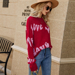 Autumn Winter  Women Idle round Neck  Letter Graphic Jacquard Long Sleeve Pullover Sweater