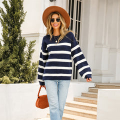 round Neck Slim Pullover Sweater Loose Striped Sweater