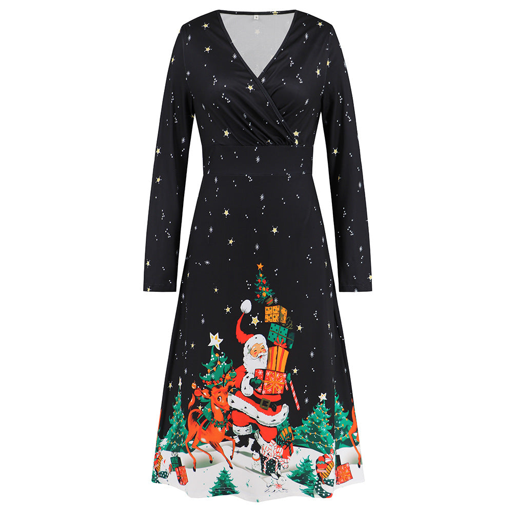 Women V Neck Long Sleeved Christmas Printed Dress Sexy Christmas Dress Year Party Play Maxi Dress
