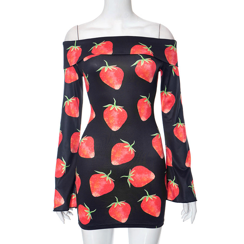 Sexy Sweet Salt Strawberry Print Short Hip Hugger Jumpsuit Off Neck Long Sleeve Women Dress Autumn