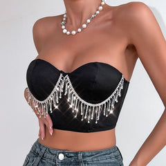 Low Cut Sexy Short Cropped Steel Ring Boning Corset Chest Cotton Stitching Diamond in the Debris Tassel Top for Women
