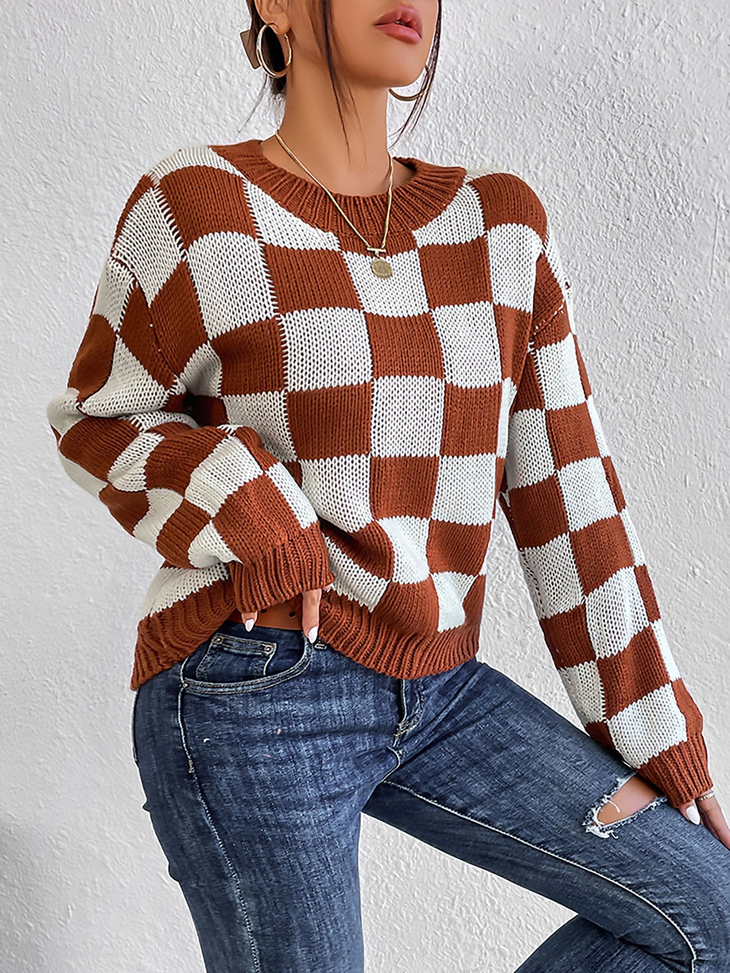 Women Clothing Long Sleeve Autumn Winter Color Matching Chessboard Plaid Loose Crew Neck Pullover Sweater Women